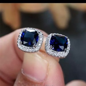NEW 18K White Gold Diamond Halo Stud Earrings/ Simulated Sapphire